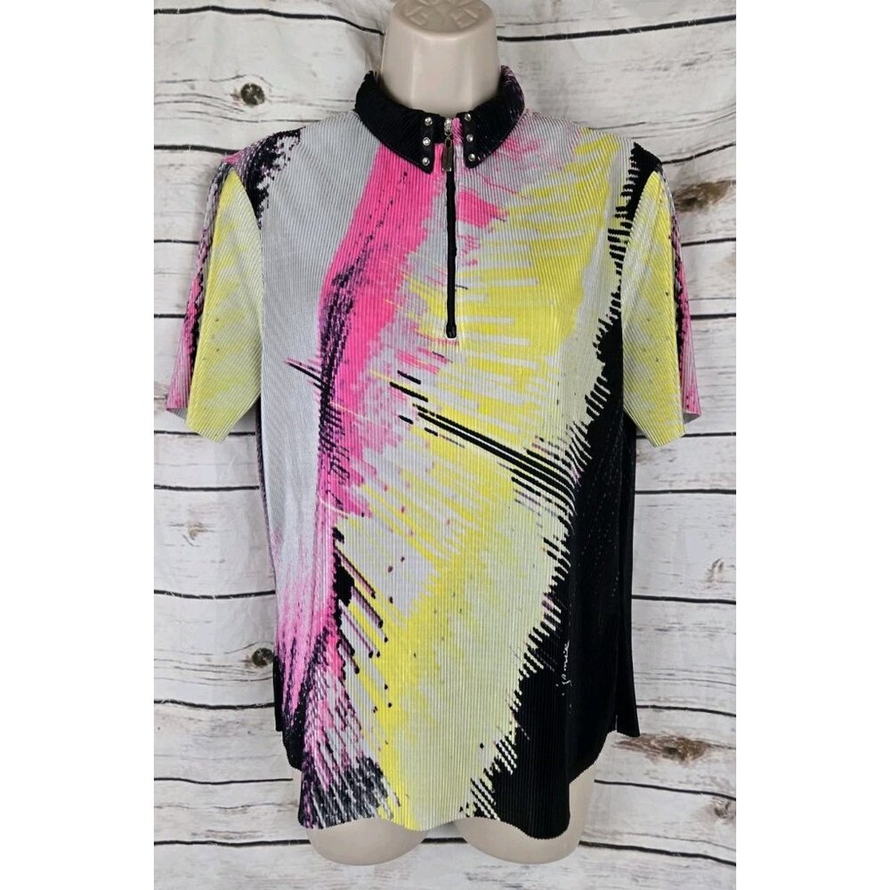 Jamie Sadock Multi Color Crinkle Pleated Golf Shirt Top M 1/4 Zip Womens